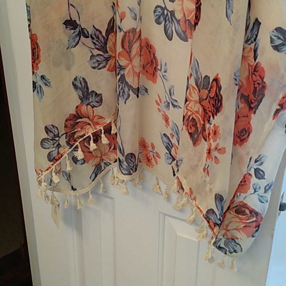 Long Boho Floral Kimono Beach Cover with Fringe - Picture 2 of 5